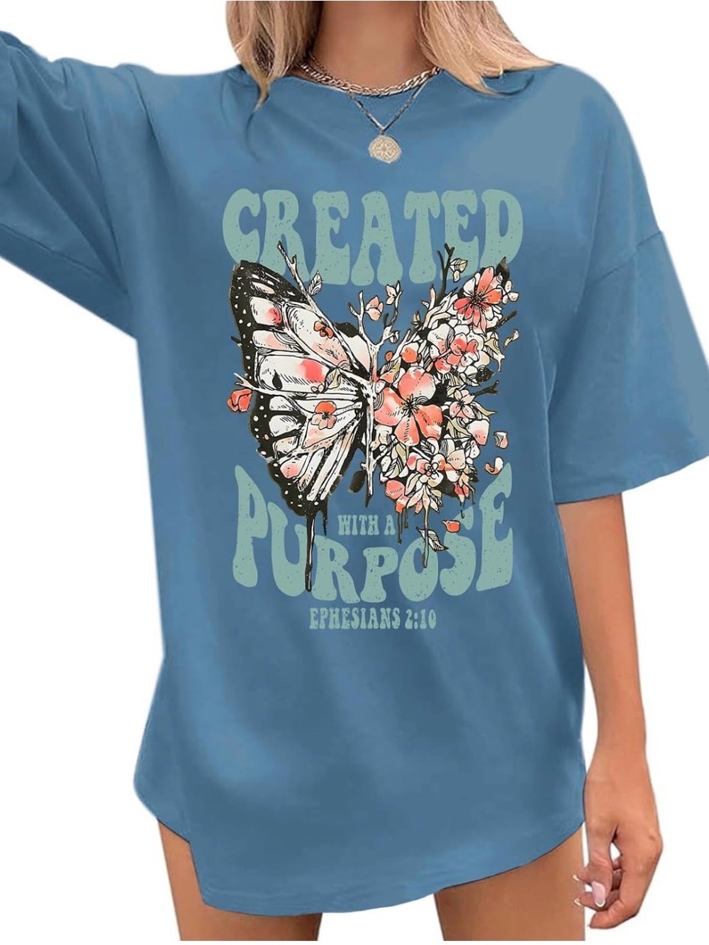 NWT Created With A Purpose Blue Butterfly Floral Tee